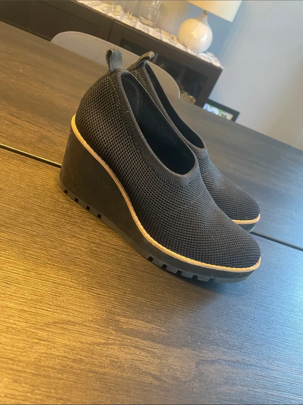 Eileen Fisher Black Knit Slip-On Wedge Sneakers with Tan Trim